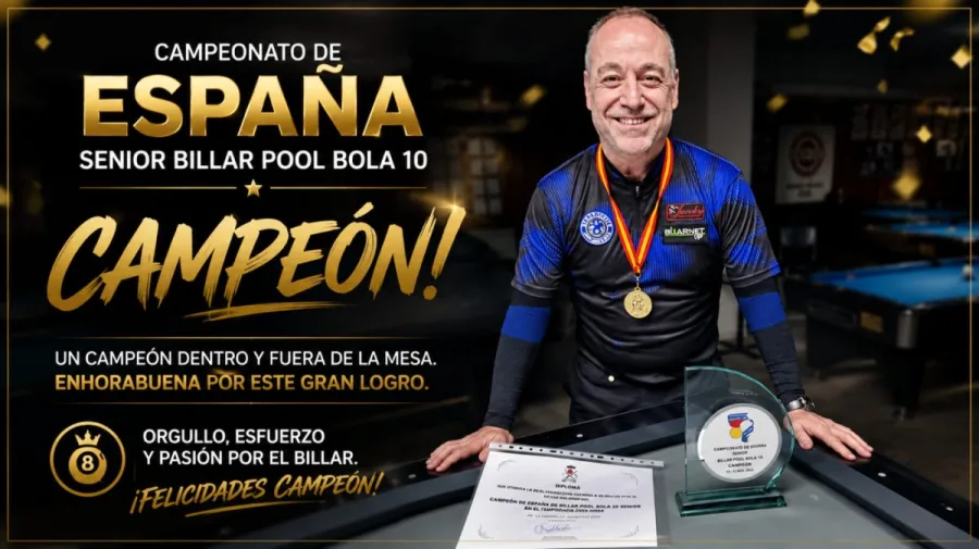 🏆🎱 ¡Enhorabuena a David Márquez Ávila por proclamarse Campeón de España Senior de Billar Pool Bola 10! 🇪🇸