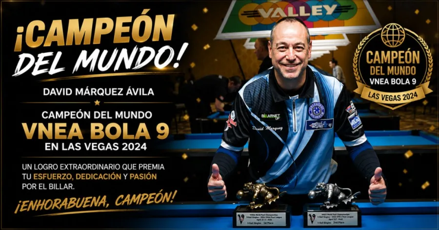 🌍🏆 ¡Enhorabuena a David Márquez Ávila por conquistar el Campeonato del Mundo VNEA de Bola 9 en Las Vegas 2024! 🎱🇪🇸
